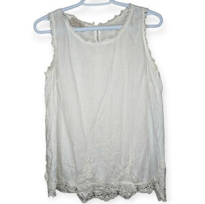 Bellambra Italian 100% Linen White Lace Detail  Sleeveless Blouse Women Small